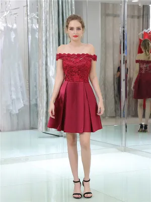 Off-shoulder Lace Top Short Burgundy Homecoming Dresses, HD0506