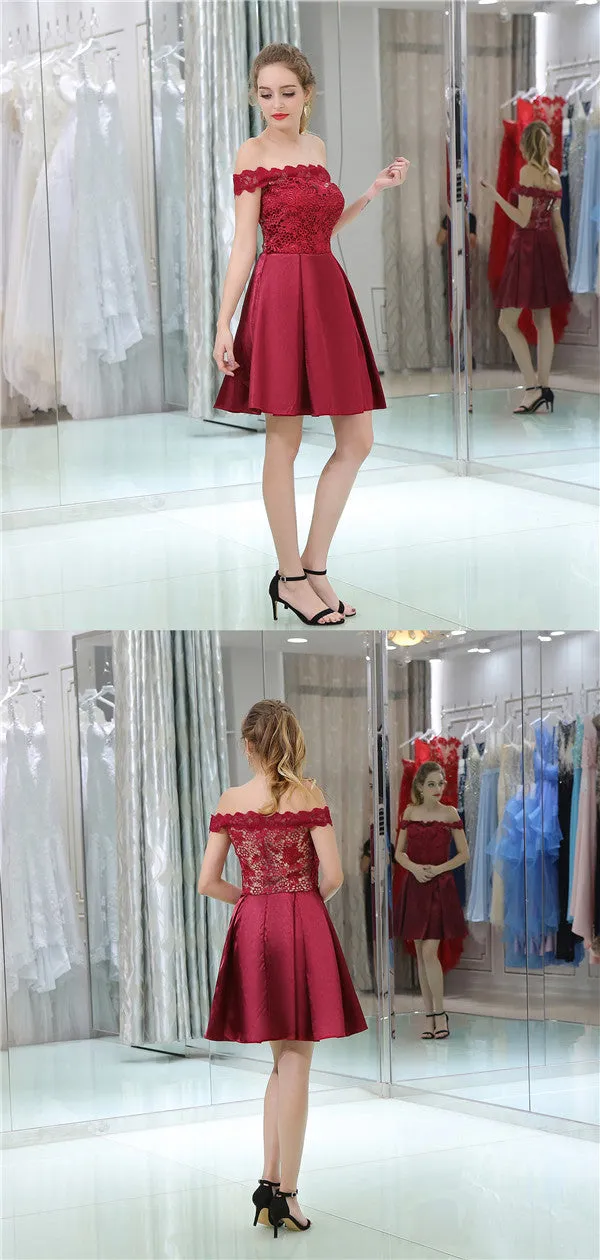 Off-shoulder Lace Top Short Burgundy Homecoming Dresses, HD0506