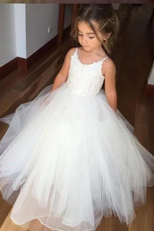 Off White A Line Floor Length Sleeveless Appliques Flower Girl Dress With Lace OKB99