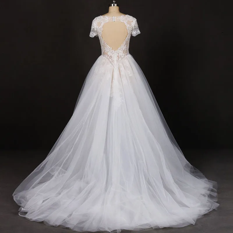 Off White A Line Short Sleeves Lace Appliques Wedding Dresses, Bridal Gown OKQ32