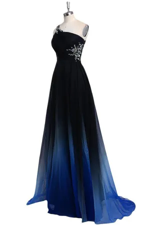 Ombre Chiffon A Line Sweep Train One Shoulder Sleeveless Beading Prom Dresses OKA22