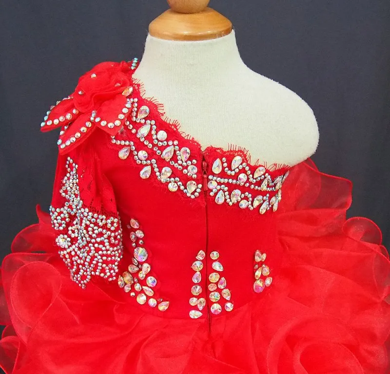 One Shoulder Beaded Bodice Red Cupcake Pageant Dress  G115-2
