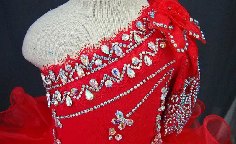 One Shoulder Beaded Bodice Red Cupcake Pageant Dress  G115-2