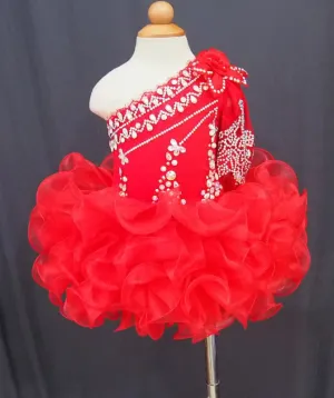 One Shoulder Beaded Bodice Red Cupcake Pageant Dress  G115-2
