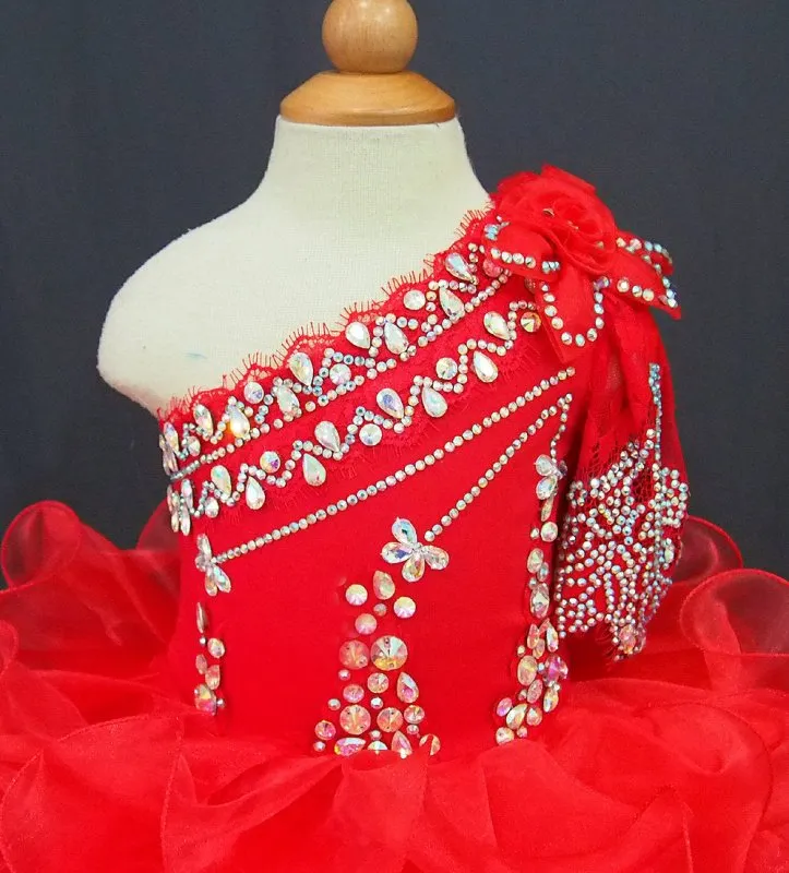 One Shoulder Beaded Bodice Red Cupcake Pageant Dress  G115-2