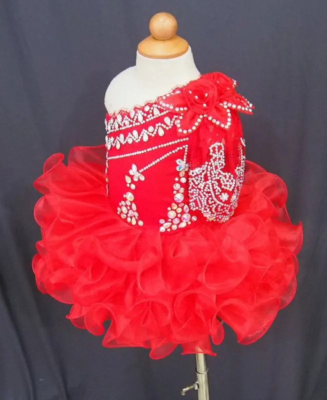 One Shoulder Beaded Bodice Red Cupcake Pageant Dress  G115-2