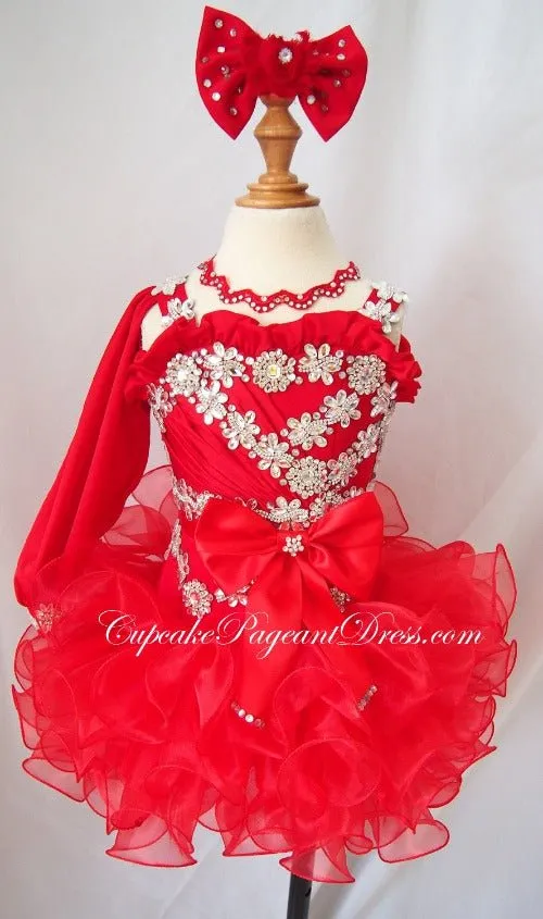 One Shoulder Glitz Beaded Little Girl Red Pageant Dress,Child Pageant Dress,Toddler pageant