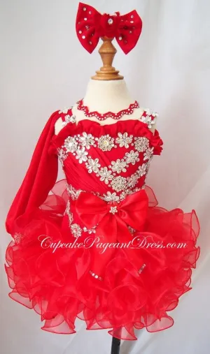 One Shoulder Glitz Beaded Little Girl Red Pageant Dress,Child Pageant Dress,Toddler pageant