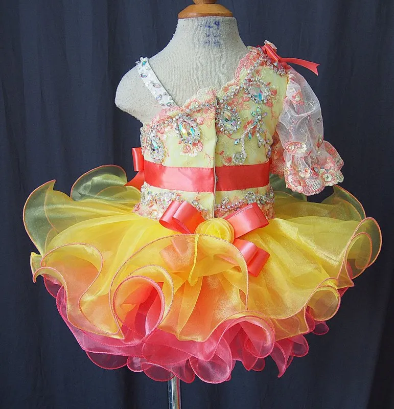 One Shoulder Lace Little Girl Glitz Beaded Bodice Cupcake Pageant Dress