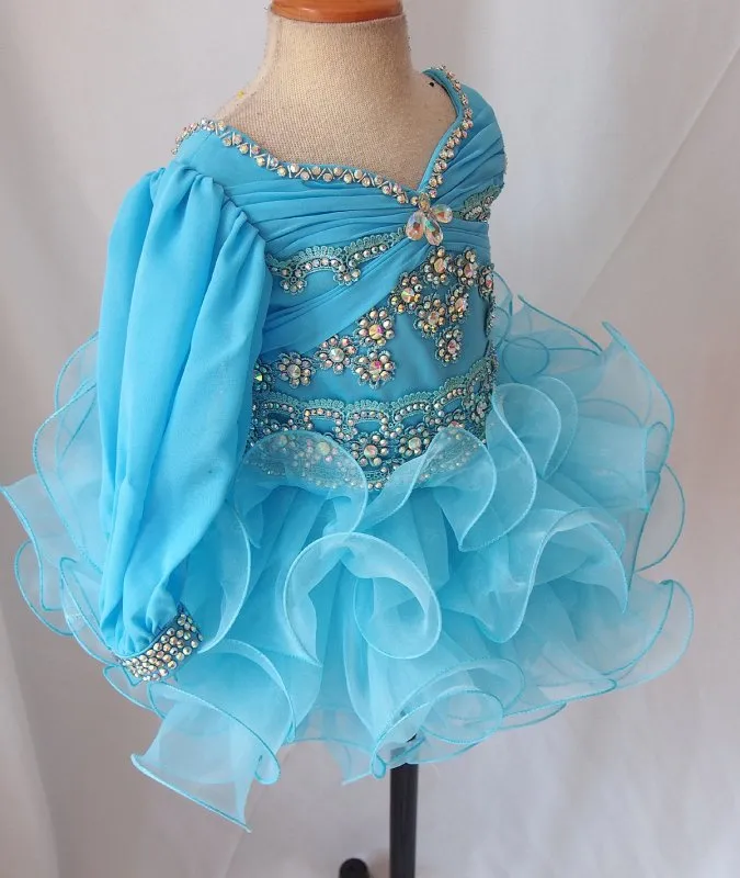 One Sleeve Glitz Beaded and Lace Cupcake Pageant Dress For Little Girls