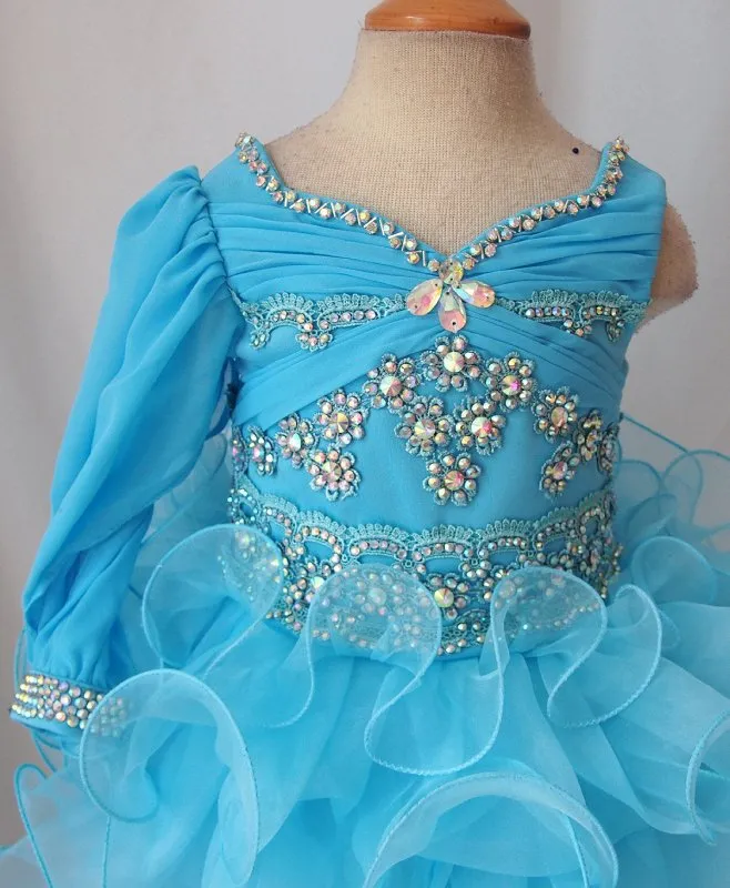 One Sleeve Glitz Beaded and Lace Cupcake Pageant Dress For Little Girls