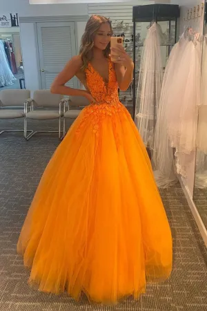 Orange A Line V Neck Tulle Lace Appliques Long Prom Dress Cheap Evening Dress OK1131