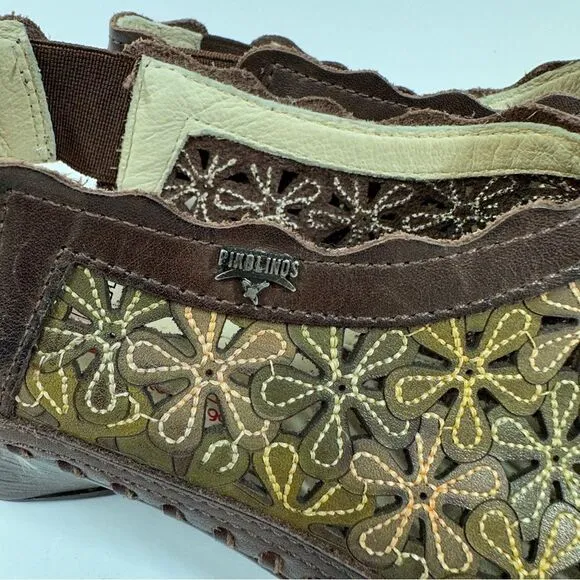 Pikolino Romana Floral Lasercut Slingback Sandals Brown Green Size 37