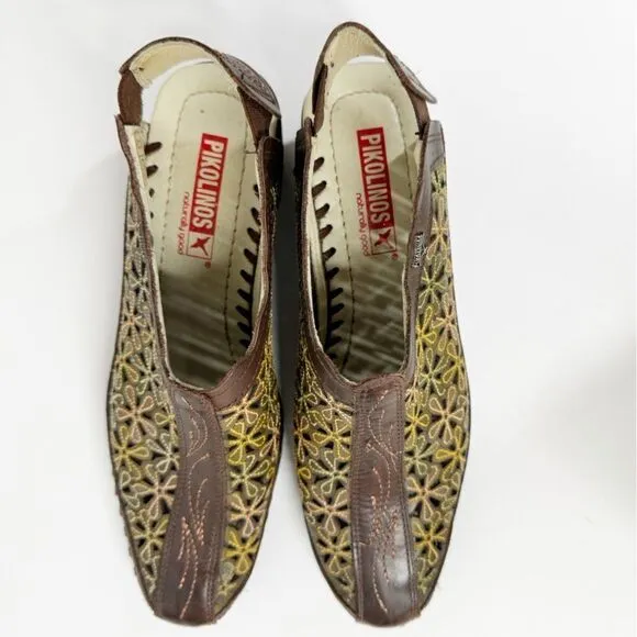 Pikolino Romana Floral Lasercut Slingback Sandals Brown Green Size 37