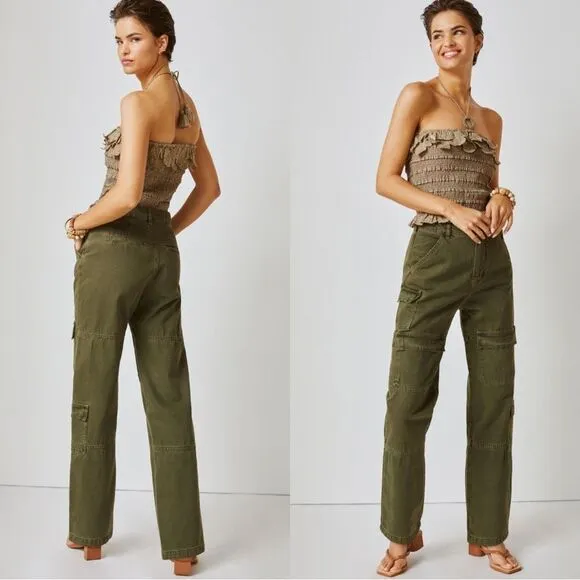 Pilcro Anthropologie Utility Cargo Mid Rise Pocket Jeans in Olive Green Size 25