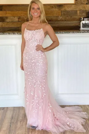 Pink Lace Appliques Mermaid Long Prom Dress Formal Evening Dresses OK1698