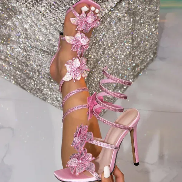 Pink PU Casual Rhinestone Decor Flower Shape Square Out Door Shoes High Heel Sandals