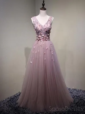 Pink See Through V Neck A-line Tulle Long Evening Prom Dresses, 17616