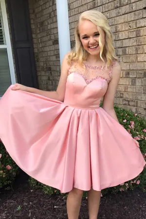 Pink Sheer Beading Short Prom Dress,Open Back Stain Cheap Homecoming Dress,Party Dress SH150
