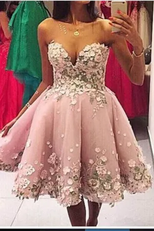 Pink Sweetheart Strapless Homecoming Dresses,A Line Appliques Short Prom Dress SH144