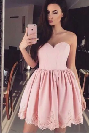 Pink Sweetheart Strapless Sleeveless Appliques Cheap Homecoming Dress,Party Dress SH156