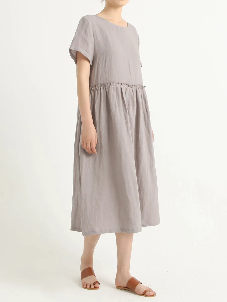 Plus Size Casual Linen Pleated Short Sleeve Summer Dress