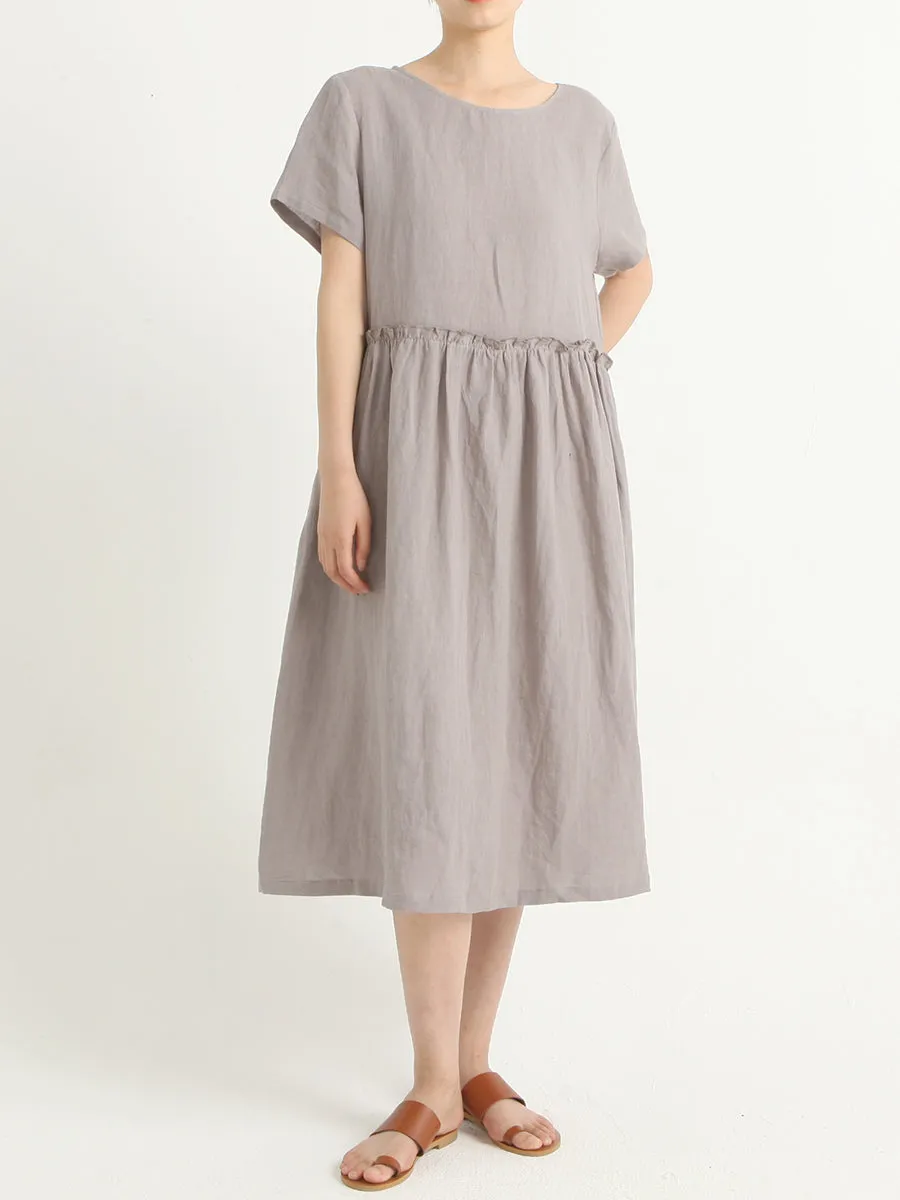 Plus Size Casual Linen Pleated Short Sleeve Summer Dress