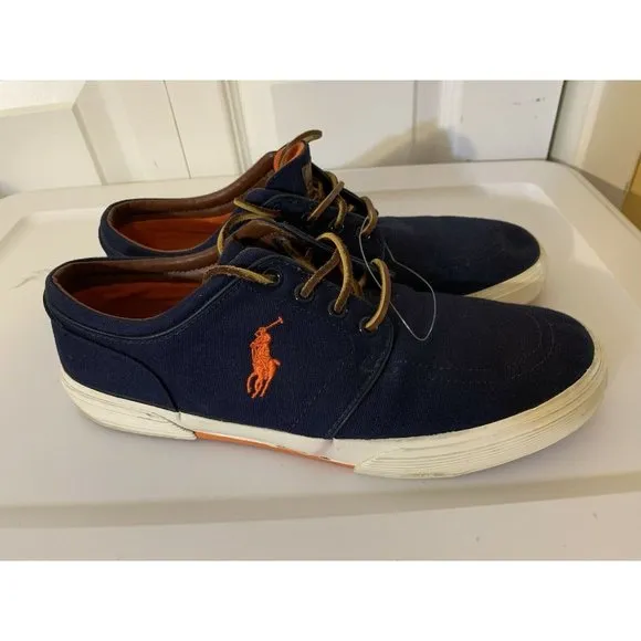 Polo Ralph Lauren Faxon Low Men’s Sz 10.5 D Blue Sneakers Shoes Orange Pony Logo