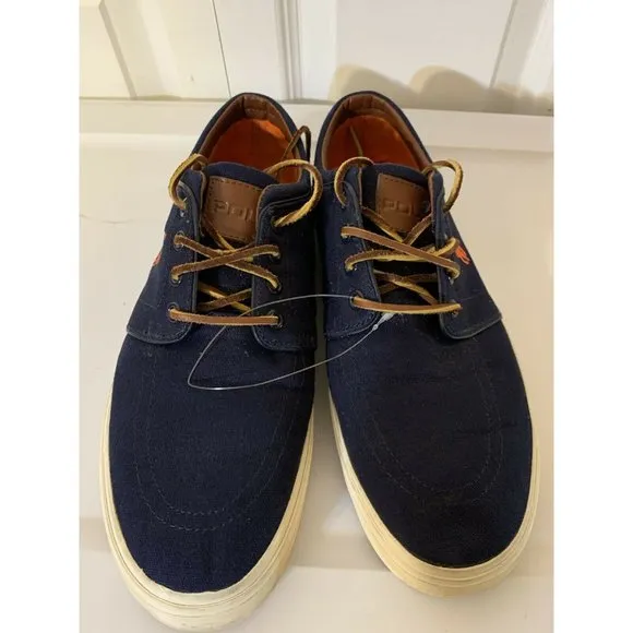 Polo Ralph Lauren Faxon Low Men’s Sz 10.5 D Blue Sneakers Shoes Orange Pony Logo