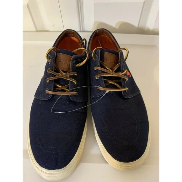Polo Ralph Lauren Faxon Low Men’s Sz 10.5 D Blue Sneakers Shoes Orange Pony Logo