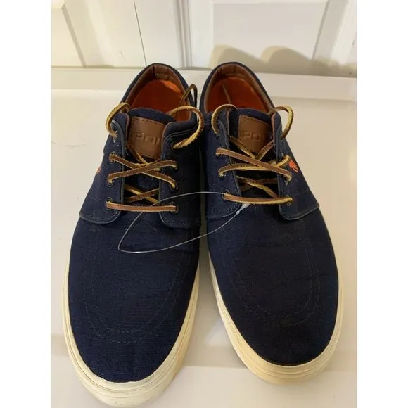 Polo Ralph Lauren Faxon Low Men’s Sz 10.5 D Blue Sneakers Shoes Orange Pony Logo