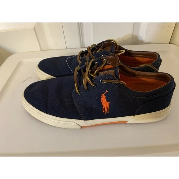 Polo Ralph Lauren Faxon Low Men’s Sz 10.5 D Blue Sneakers Shoes Orange Pony Logo