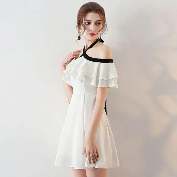 Princess A Line Halter Mini Cocktail Party Dress With Chiffon Ruffles Short Prom Dresses OKC13