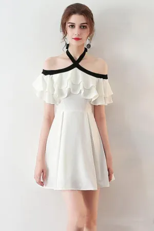 Princess A Line Halter Mini Cocktail Party Dress With Chiffon Ruffles Short Prom Dresses OKC13