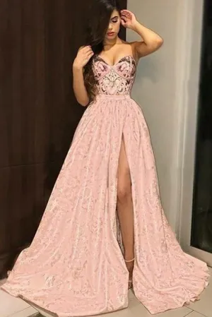 Princess A-Line Sweetheart Pink Long Prom Dresses with Split Appliques OKA37