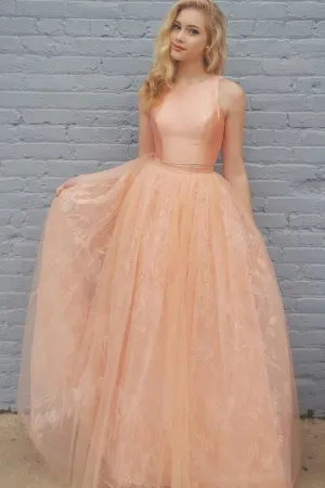 Princess A Line Two Piece Orange Long Lace Prom Dresses OKC35