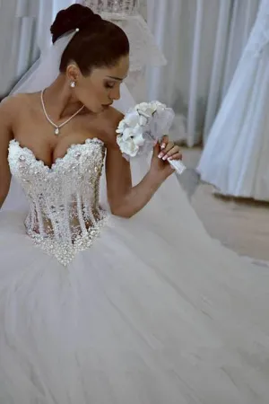 Princess Ball Gown White Sweetheart Strapless Beading Wedding Dresses OK581