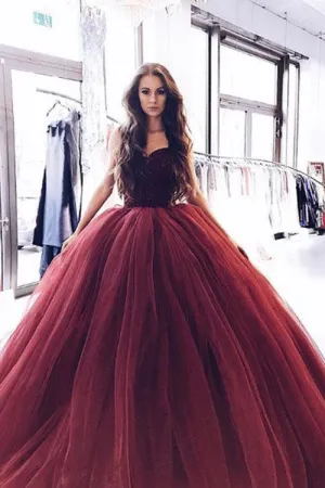 Princess Burgundy Strapless Ball Gown Long Evening Prom Dress OK946