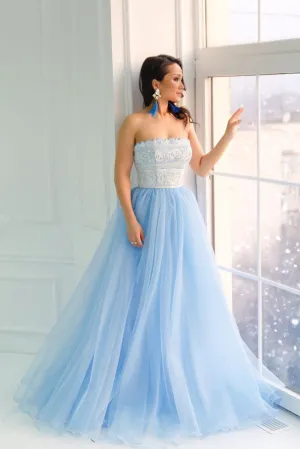 Princess Strapless Sky Blue Long Tulle A Line Prom Dresses with White Lace OK950