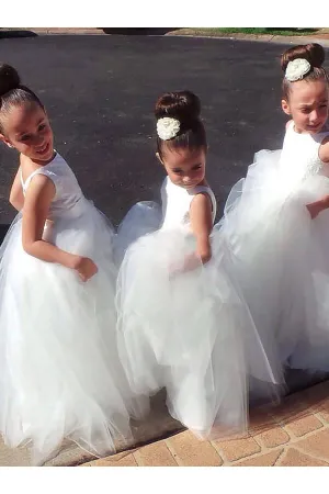 Princess White Ball Gown Jewel Sleeveless Floor-Length Tulle Flower Girl Dress OK707