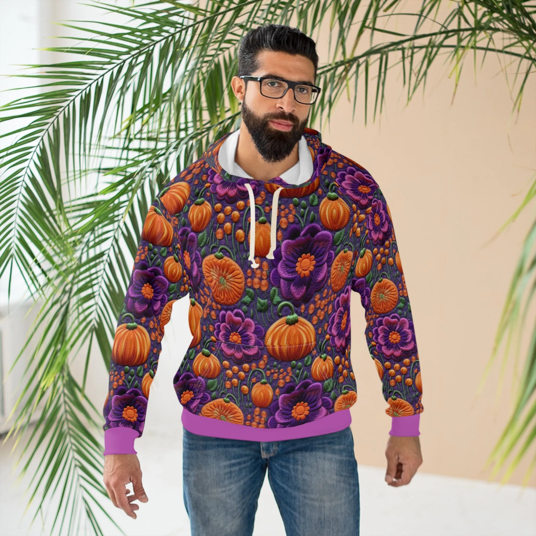 Pumpkin Patch Pullover Hoodie, Simulated Embroidery Purple & Orange Pattern, Fall Season Sweatshirt, UnisexPullover Hoodie