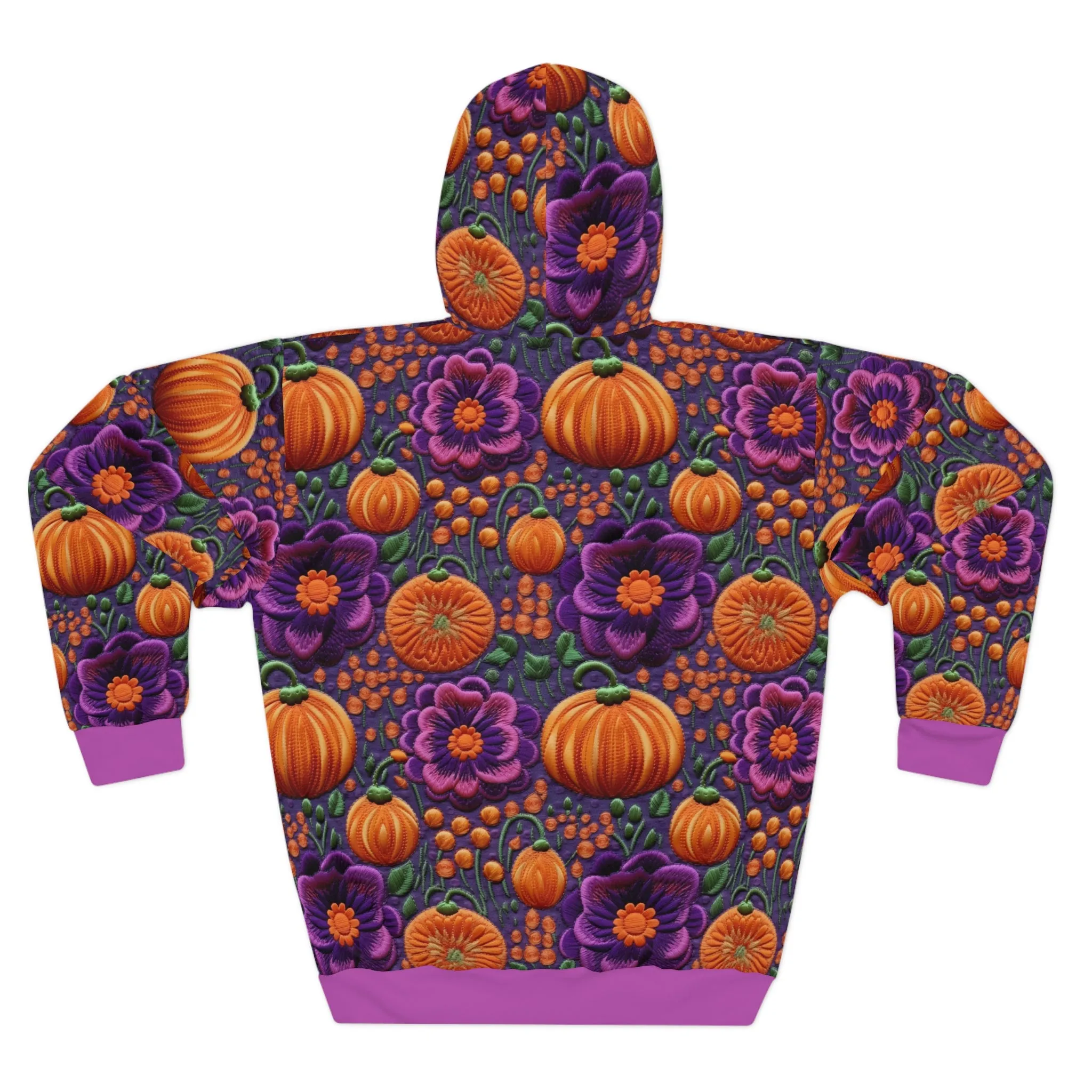 Pumpkin Patch Pullover Hoodie, Simulated Embroidery Purple & Orange Pattern, Fall Season Sweatshirt, UnisexPullover Hoodie
