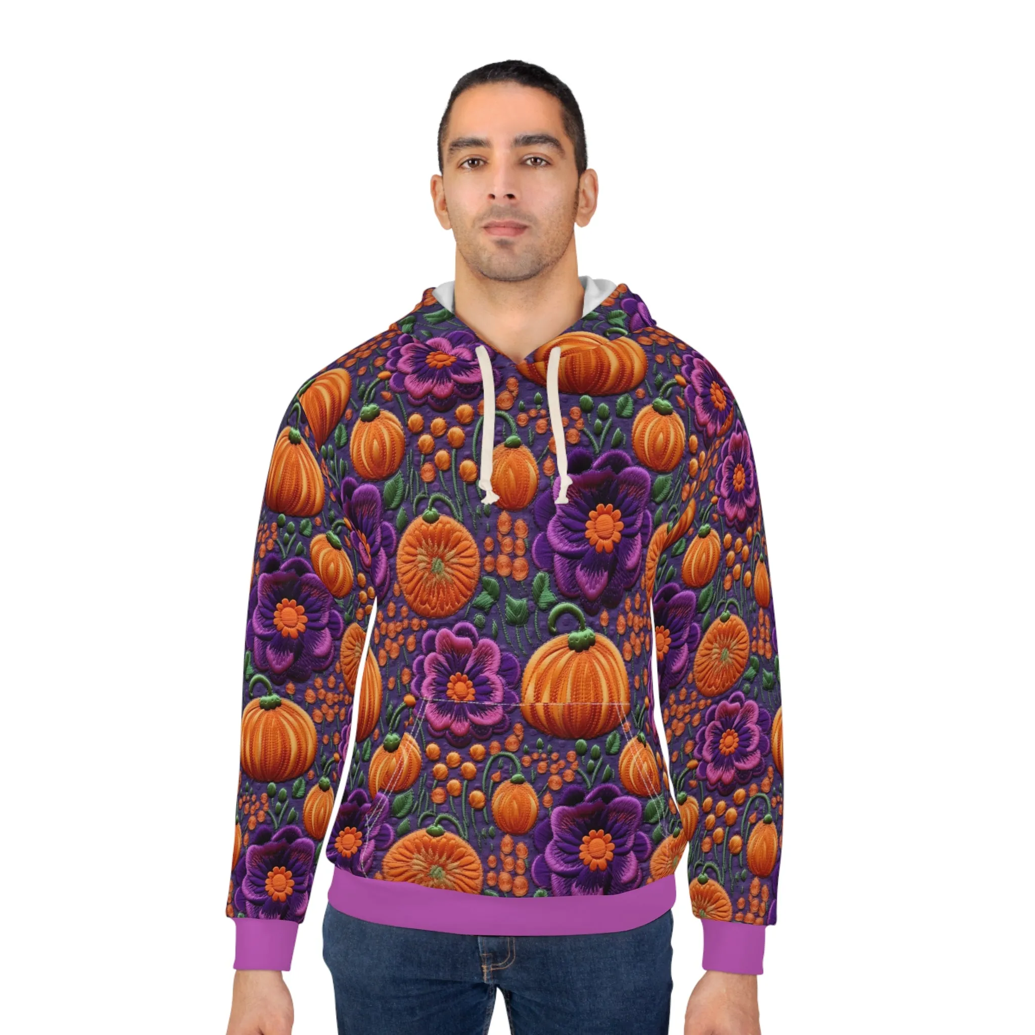 Pumpkin Patch Pullover Hoodie, Simulated Embroidery Purple & Orange Pattern, Fall Season Sweatshirt, UnisexPullover Hoodie