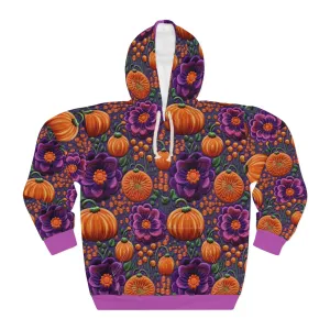 Pumpkin Patch Pullover Hoodie, Simulated Embroidery Purple & Orange Pattern, Fall Season Sweatshirt, UnisexPullover Hoodie