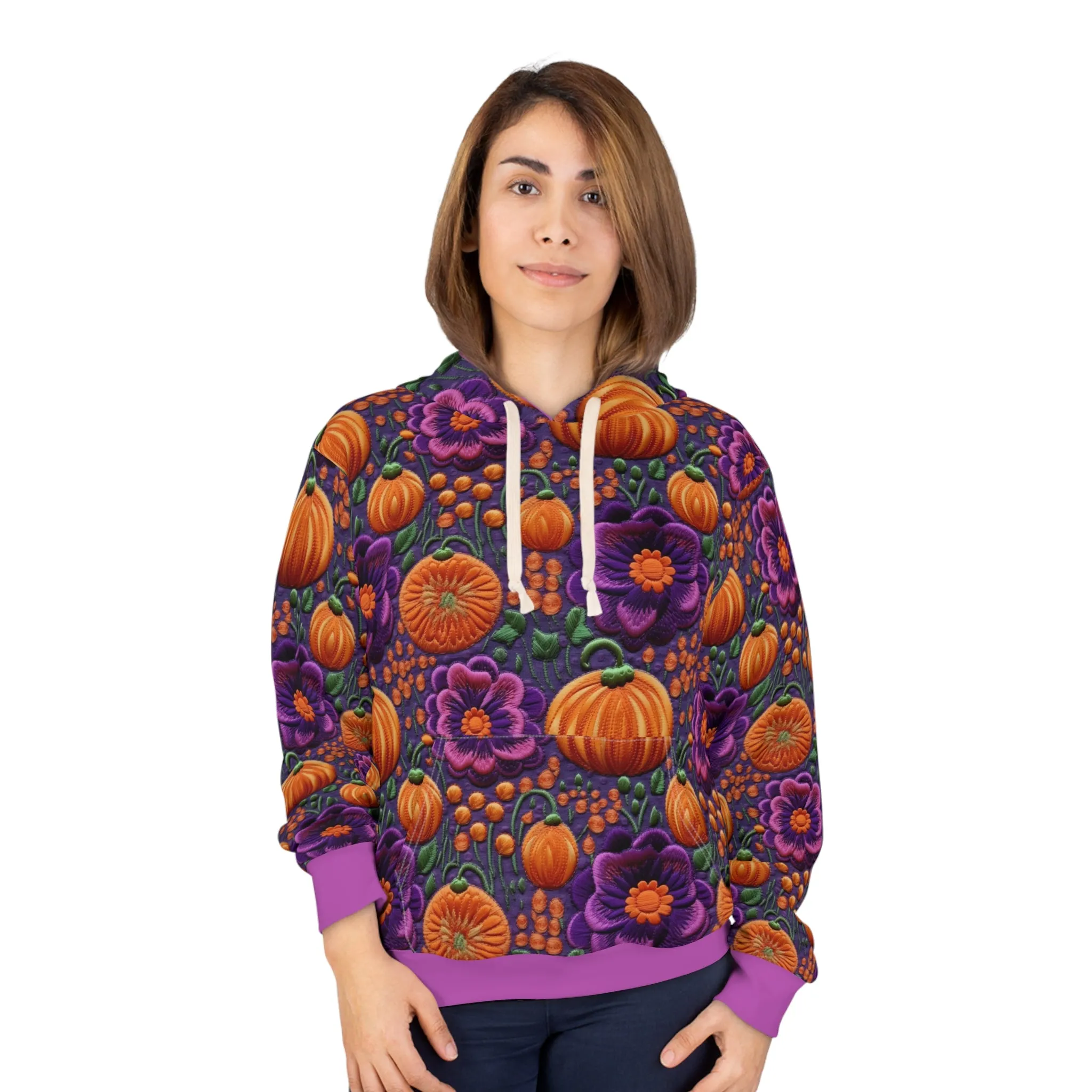 Pumpkin Patch Pullover Hoodie, Simulated Embroidery Purple & Orange Pattern, Fall Season Sweatshirt, UnisexPullover Hoodie