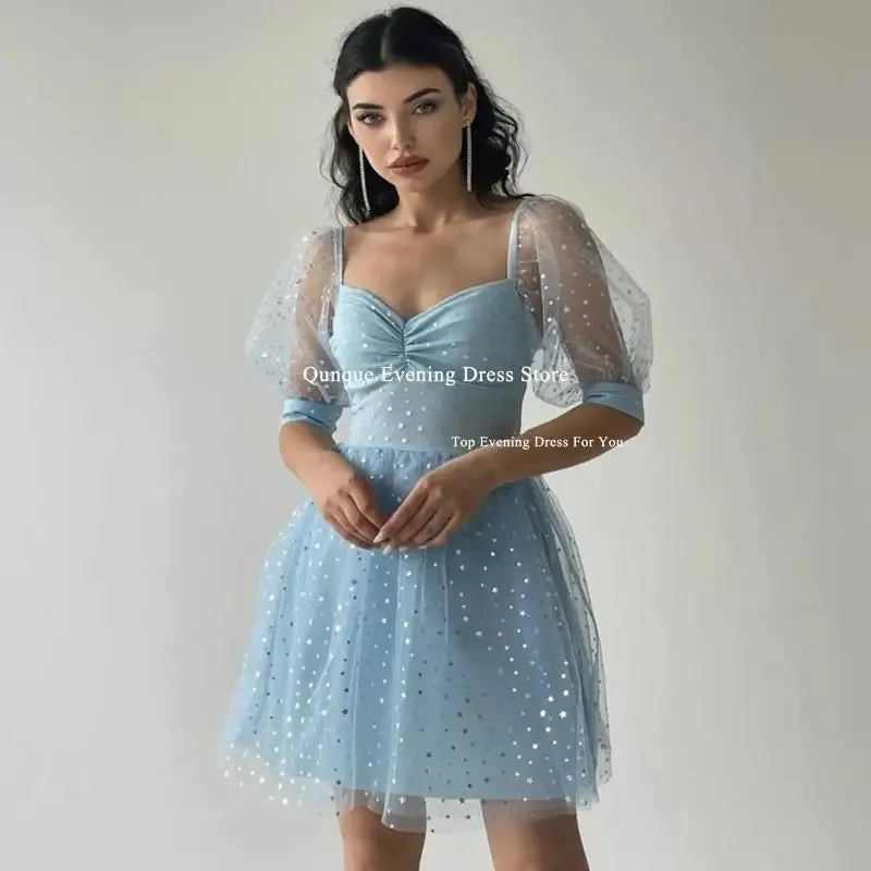 Qunque Sky Blue Star Tulle Homecoming Dresses Cap Sleeves Above Knee Illusion Cocktail Dresses Vestidos De Novia Party Dress