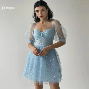Qunque Sky Blue Star Tulle Homecoming Dresses Cap Sleeves Above Knee Illusion Cocktail Dresses Vestidos De Novia Party Dress