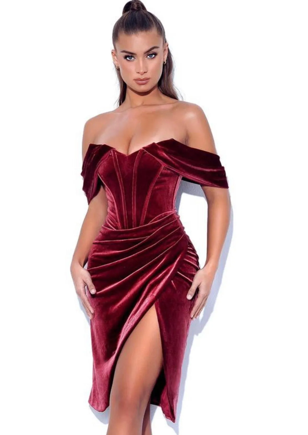 "ALEXA" COCKTAIL DRESS  VELVET OFF SHOULDER SLEEVES
