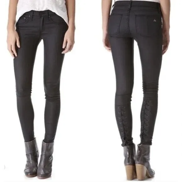 RAG &amp; BONE Devi Lace-Up Coated Skinny Jeans Size 27 - Black / Grey
