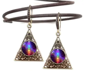 Rainbow Chakra Earrings, Pyramid Triangle Shape, Positive Energy Art - "Chakra Healing"